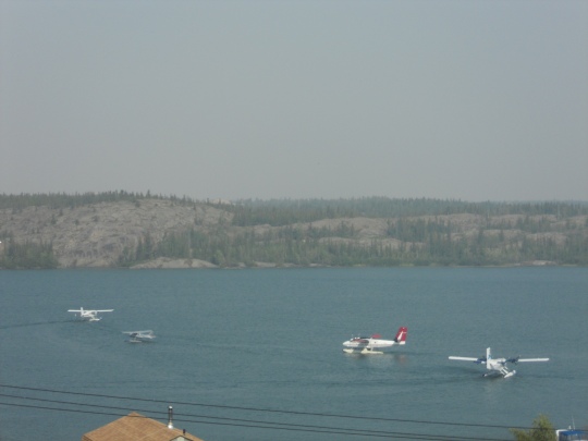 Float-planes forming a taxi queue in Back Bay
